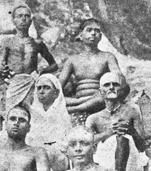 Palaniswami (right) sitting outside Virupaksha Cave with Bhagavan (top right) and his mother