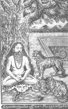 A 19th century wood cut of Isanya Jnana Desikar being guarded by Arunachaleswara in the form of a tiger