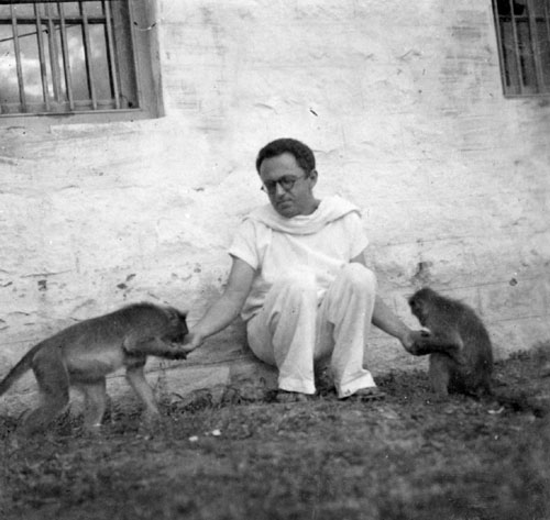 Maurice Frydman feeding monkeys at Ramanasramam in the mid-30s.