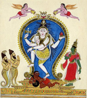 Siva in Chidambaram with Vyagrapada and Patanjali on the left and Sivagami on the right