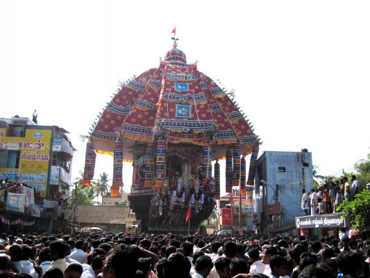 Lord Tyagaraja, the presiding dety of the Tiruvarur, being paraded through the town's streets