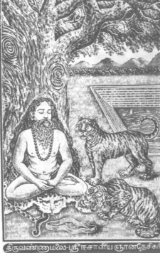 A 19th century wood cut of Isanya Jnana Desikar being guarded by Arunachaleswara in the form of a tiger